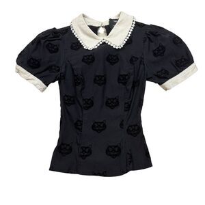 Girl’s Collectif X ModCloth Black Velvet‎ Cat Blouse with White Collar Size 6